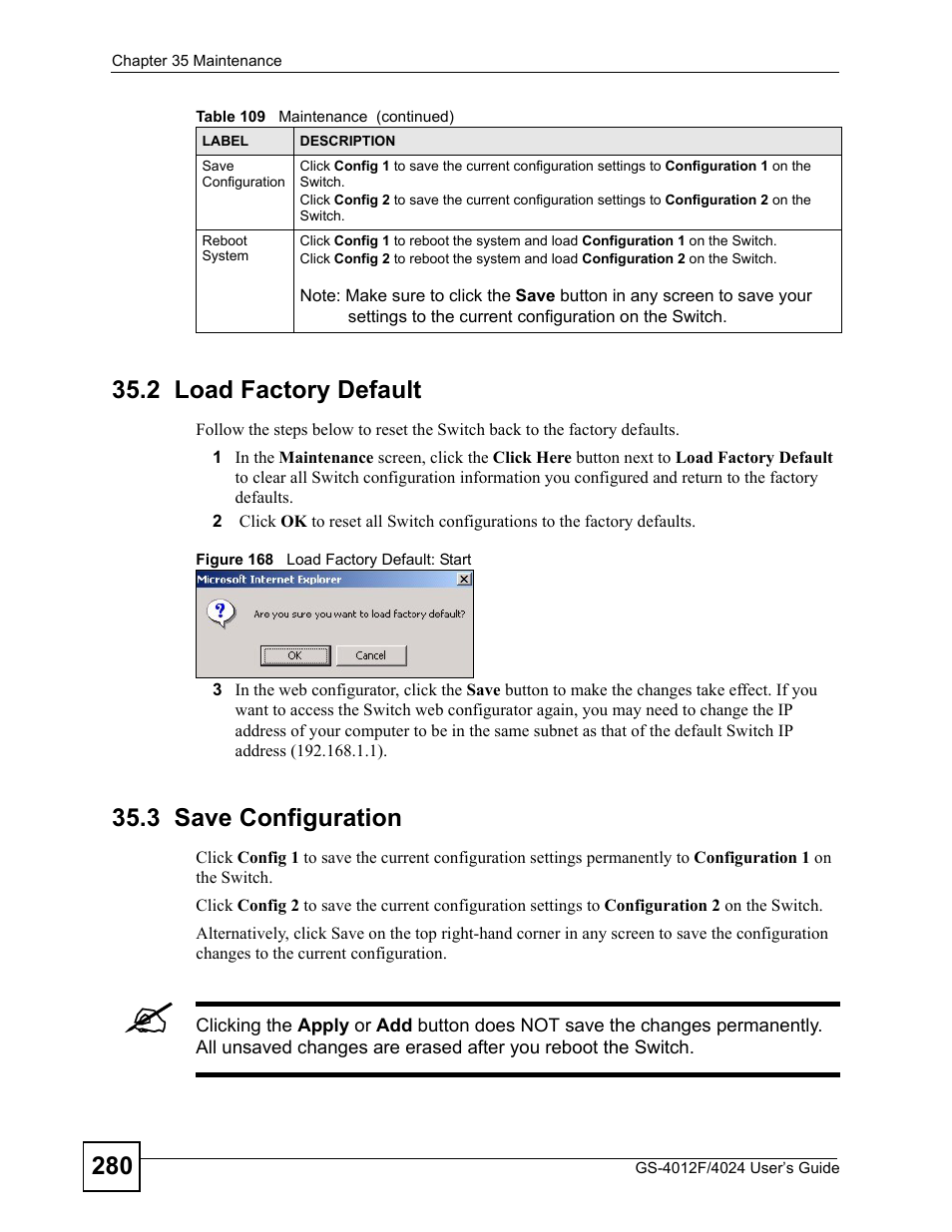 2 load factory default, 3 save configuration, 2 load factory default 35.3 save configuration | Figure 168 load factory default: start | ZyXEL Communications GS-4012 User Manual | Page 280 / 462