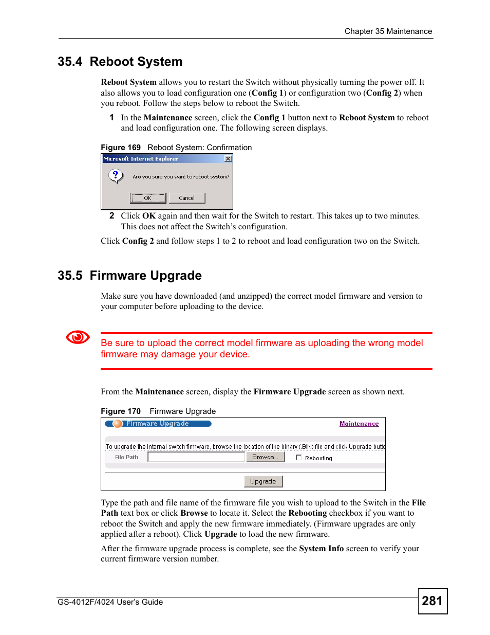 4 reboot system, 5 firmware upgrade, 4 reboot system 35.5 firmware upgrade | ZyXEL Communications GS-4012 User Manual | Page 281 / 462