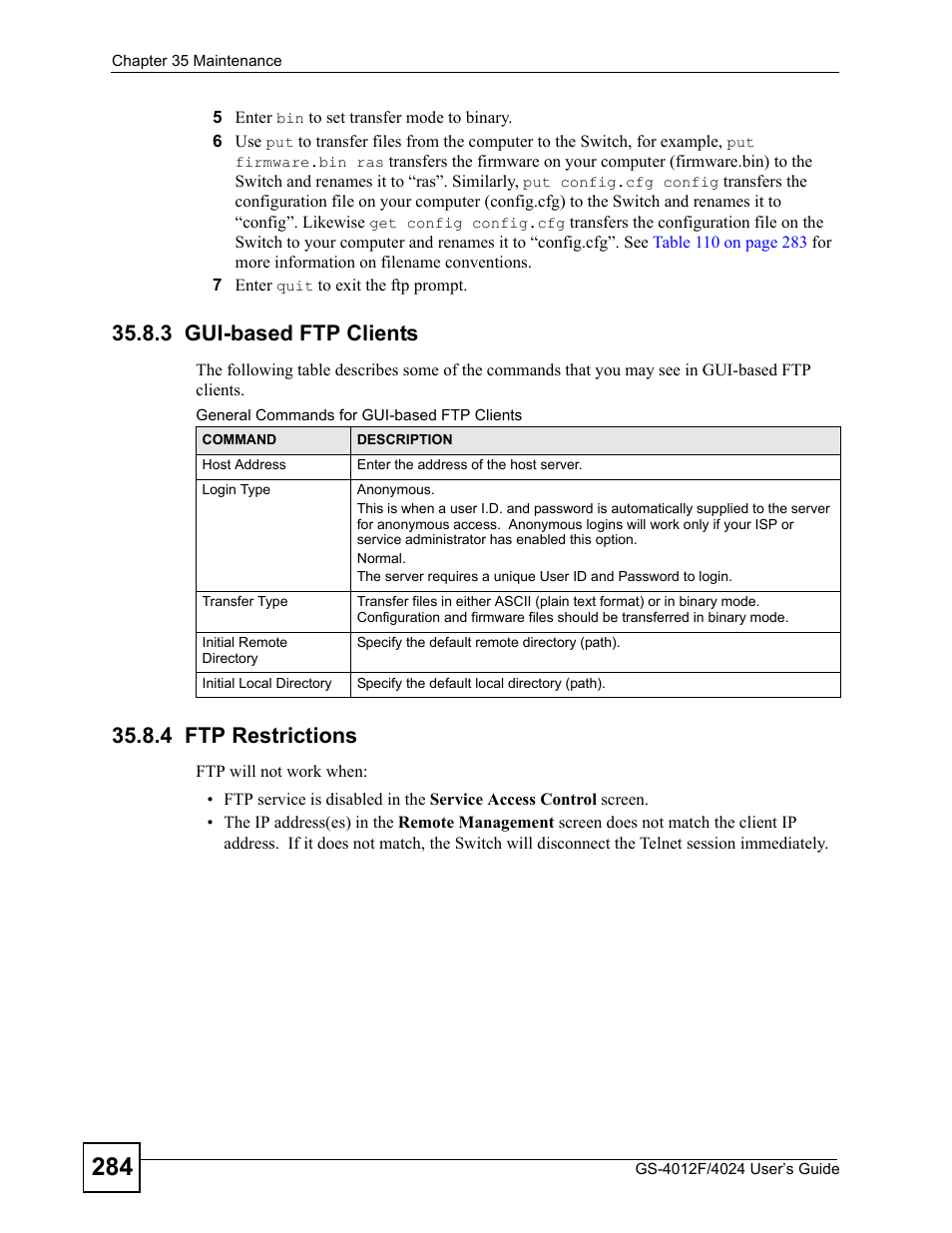 3 gui-based ftp clients, 4 ftp restrictions, 3 gui-based ftp clients 35.8.4 ftp restrictions | ZyXEL Communications GS-4012 User Manual | Page 284 / 462
