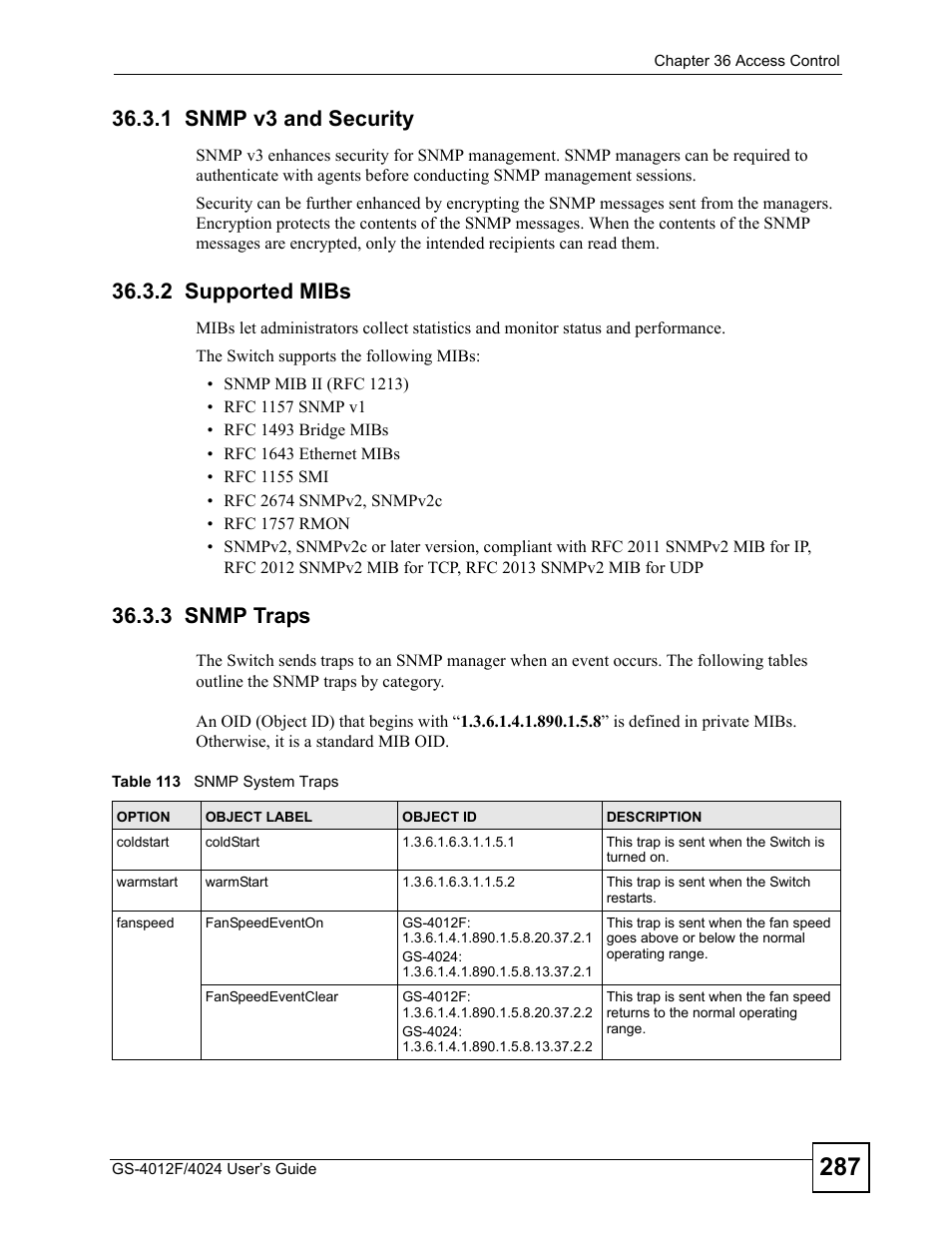 1 snmp v3 and security, 2 supported mibs, 3 snmp traps | Table 113 snmp system traps | ZyXEL Communications GS-4012 User Manual | Page 287 / 462