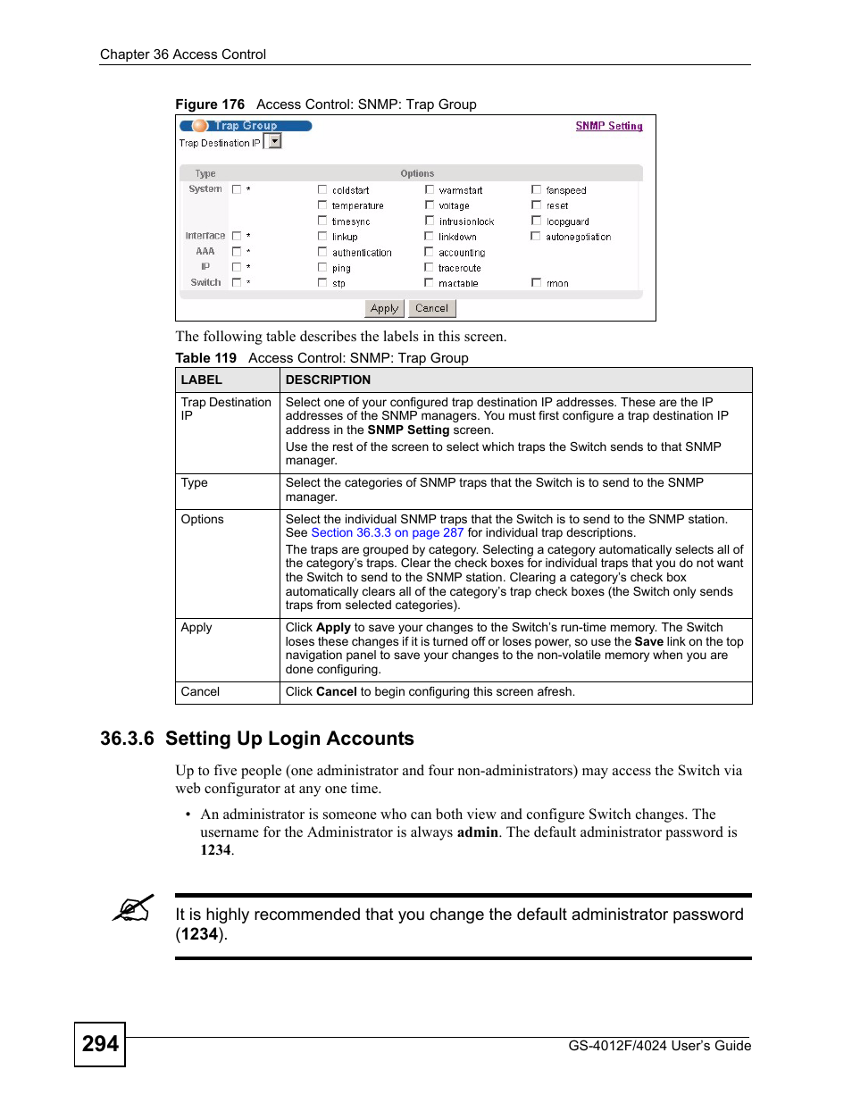 6 setting up login accounts, Figure 176 access control: snmp: trap group, Table 119 access control: snmp: trap group | ZyXEL Communications GS-4012 User Manual | Page 294 / 462