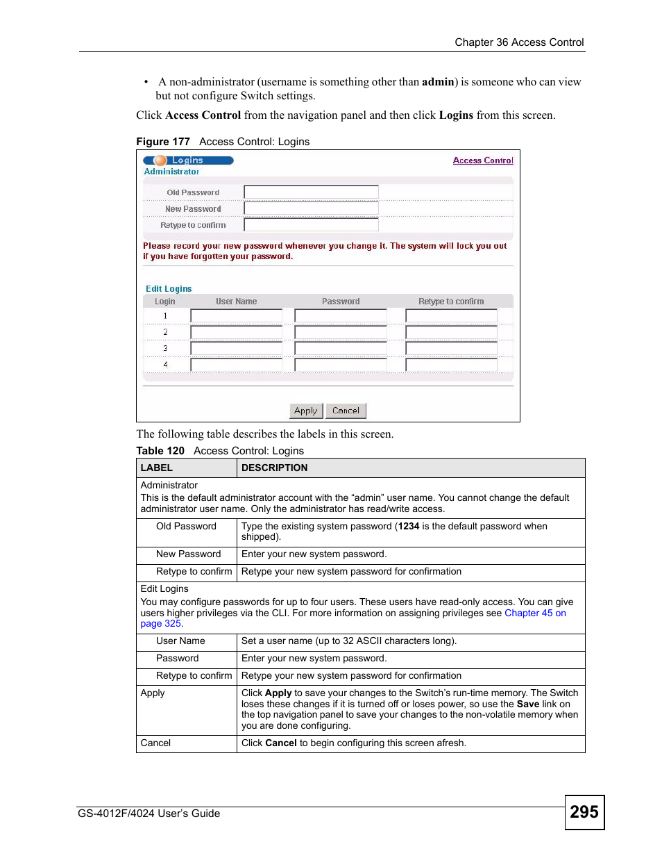 Figure 177 access control: logins, Table 120 access control: logins | ZyXEL Communications GS-4012 User Manual | Page 295 / 462