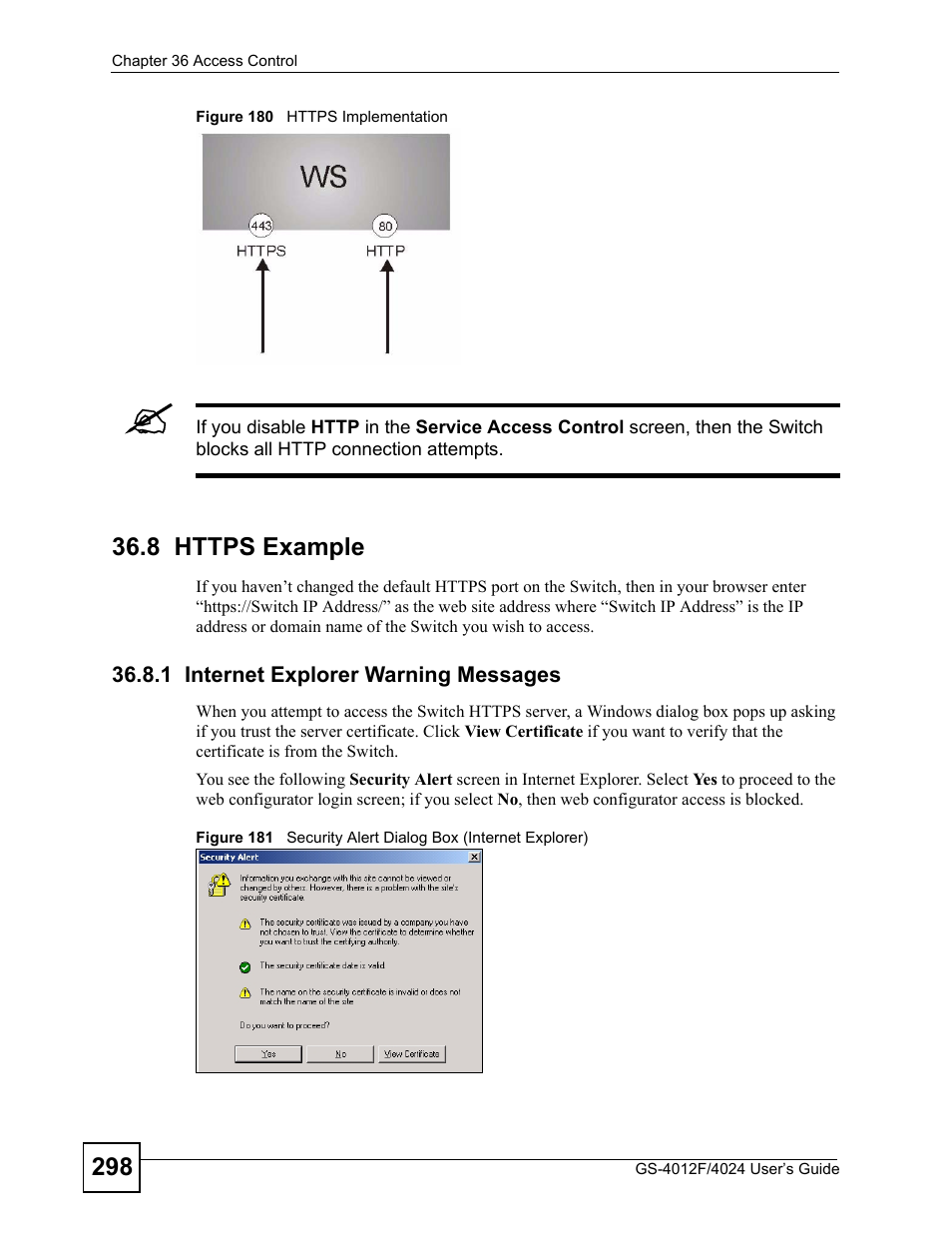 8 https example, 1 internet explorer warning messages | ZyXEL Communications GS-4012 User Manual | Page 298 / 462