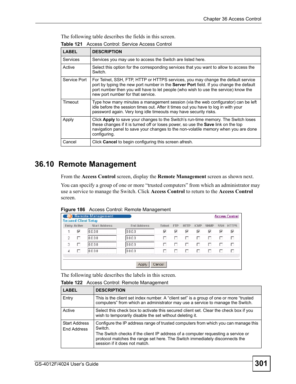 10 remote management, Figure 186 access control: remote management | ZyXEL Communications GS-4012 User Manual | Page 301 / 462