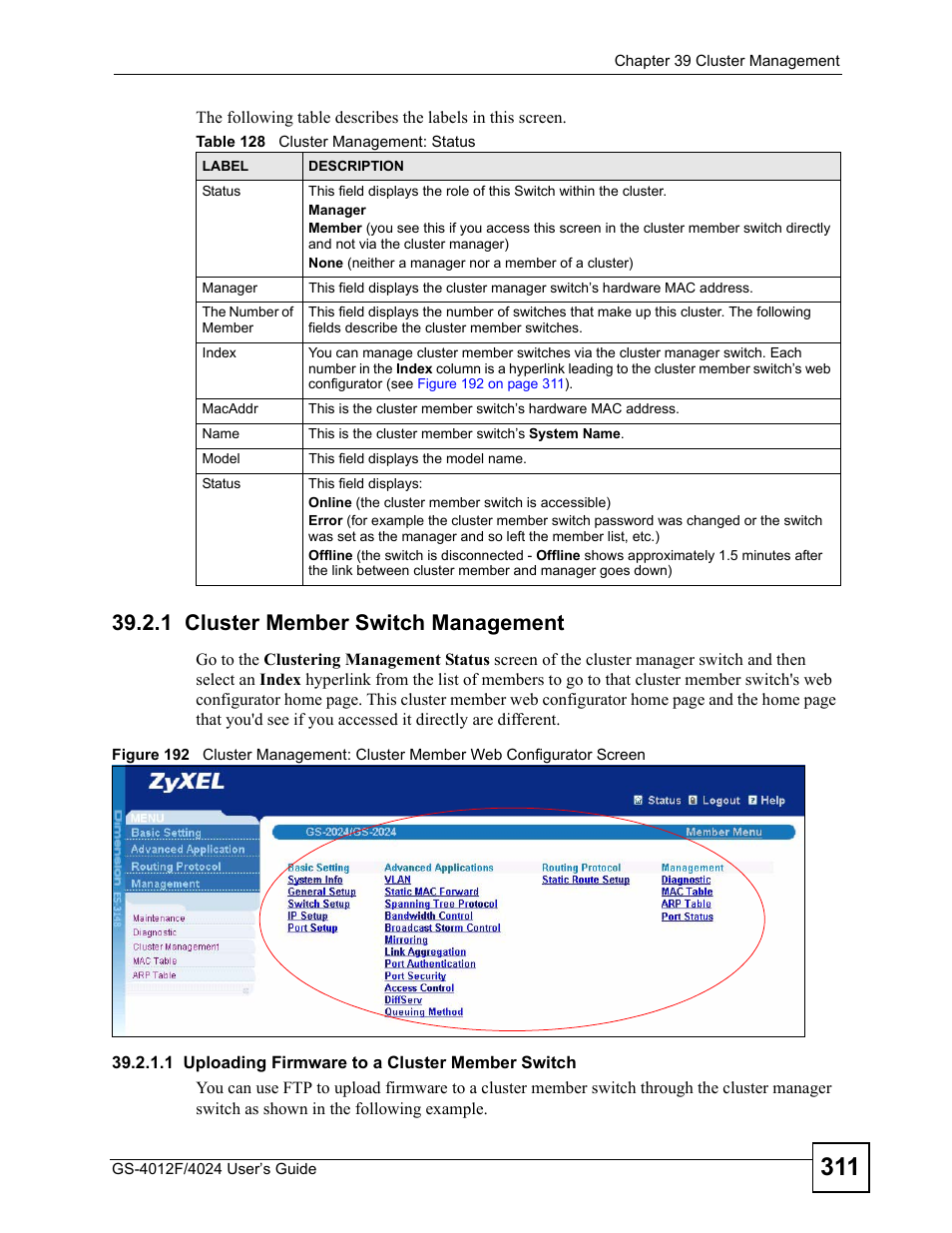 1 cluster member switch management, Table 128 cluster management: status | ZyXEL Communications GS-4012 User Manual | Page 311 / 462