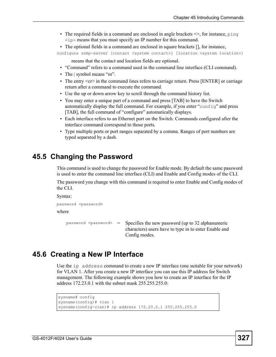 5 changing the password, 6 creating a new ip interface | ZyXEL Communications GS-4012 User Manual | Page 327 / 462