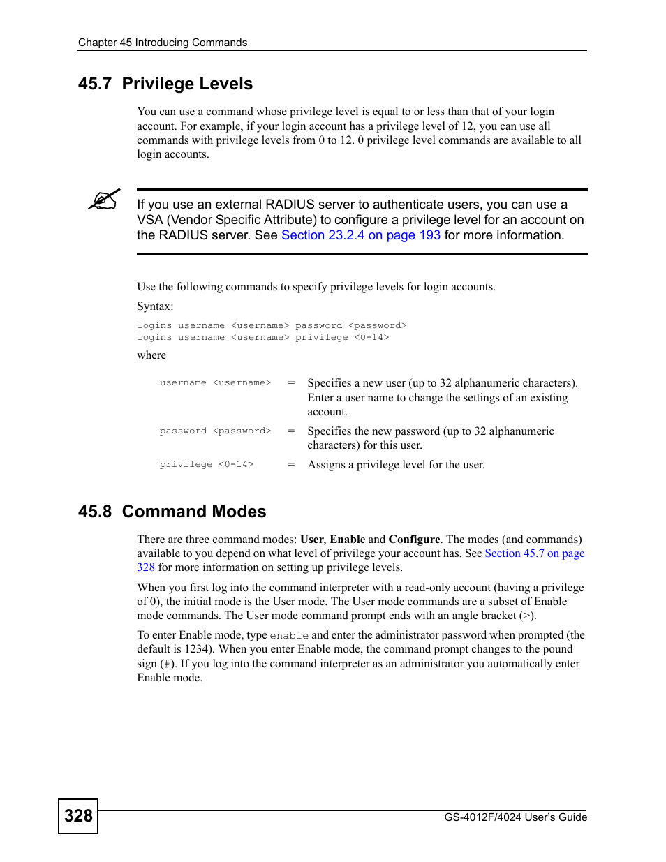 7 privilege levels, 8 command modes, 7 privilege levels 45.8 command modes | Section 45.7 on | ZyXEL Communications GS-4012 User Manual | Page 328 / 462