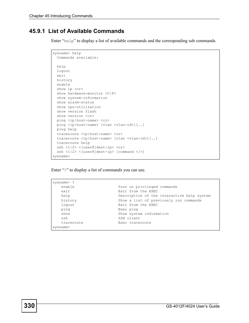 1 list of available commands | ZyXEL Communications GS-4012 User Manual | Page 330 / 462
