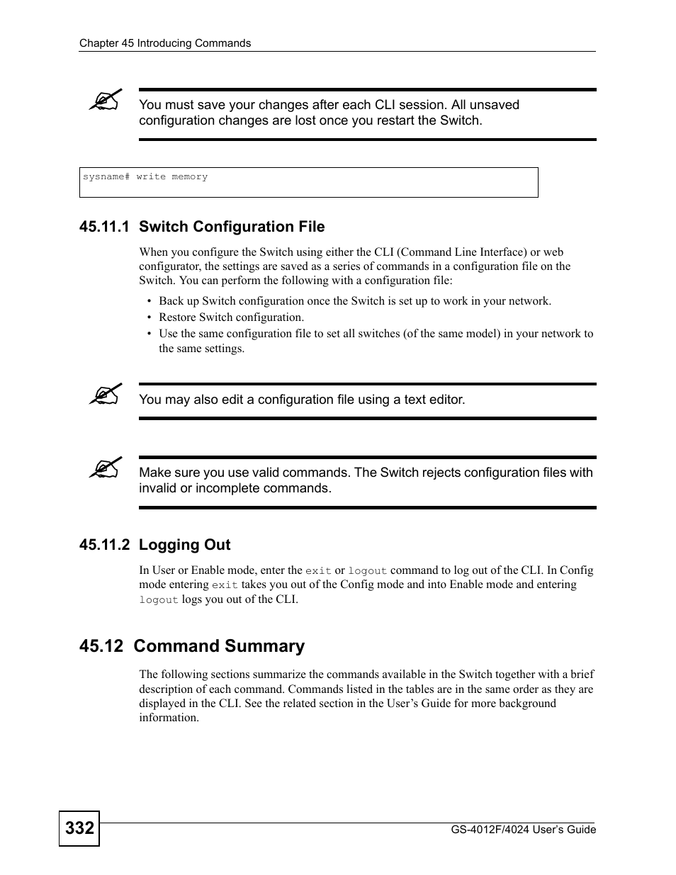 1 switch configuration file, 2 logging out, 12 command summary | 1 switch configuration file 45.11.2 logging out | ZyXEL Communications GS-4012 User Manual | Page 332 / 462