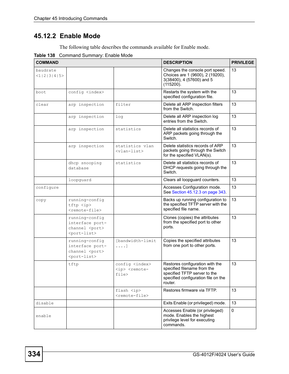 2 enable mode, Table 138 command summary: enable mode, Section 45.12.2 on | ZyXEL Communications GS-4012 User Manual | Page 334 / 462