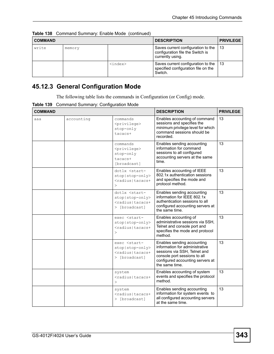 3 general configuration mode, Table 139 command summary: configuration mode | ZyXEL Communications GS-4012 User Manual | Page 343 / 462