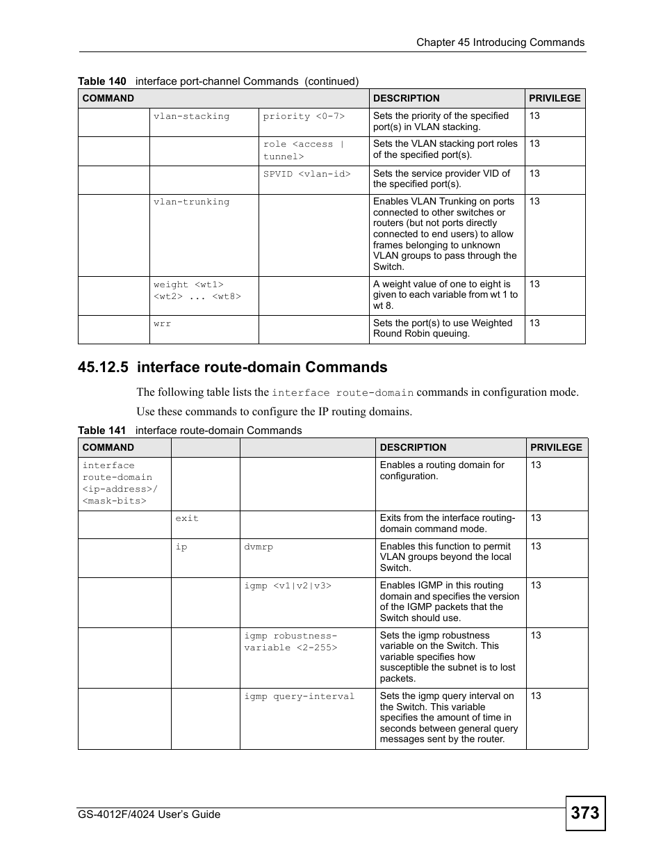 5 interface route-domain commands, Table 141 interface route-domain commands, Section | ZyXEL Communications GS-4012 User Manual | Page 373 / 462