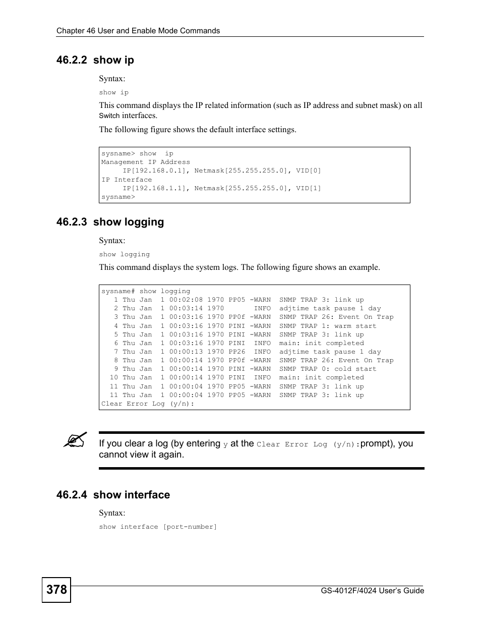 2 show ip, 3 show logging, 4 show interface | ZyXEL Communications GS-4012 User Manual | Page 378 / 462