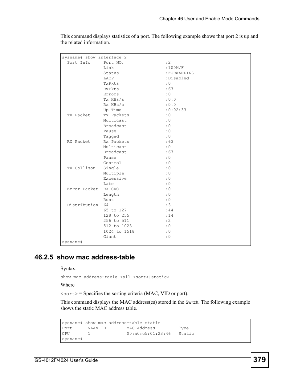 5 show mac address-table | ZyXEL Communications GS-4012 User Manual | Page 379 / 462