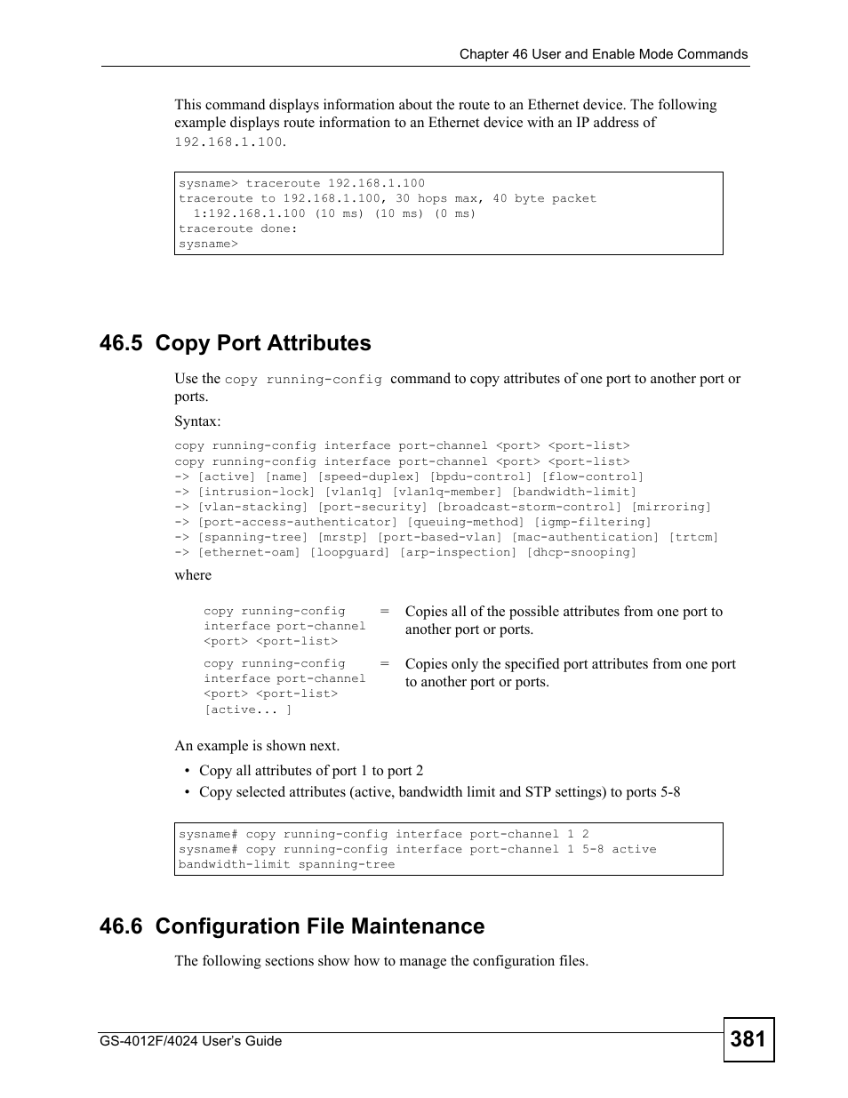 5 copy port attributes, 6 configuration file maintenance | ZyXEL Communications GS-4012 User Manual | Page 381 / 462