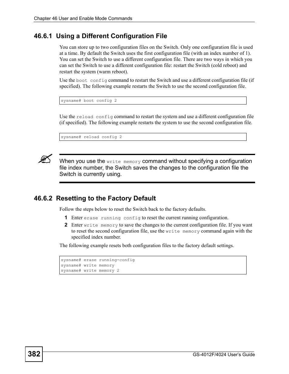 1 using a different configuration file, 2 resetting to the factory default | ZyXEL Communications GS-4012 User Manual | Page 382 / 462
