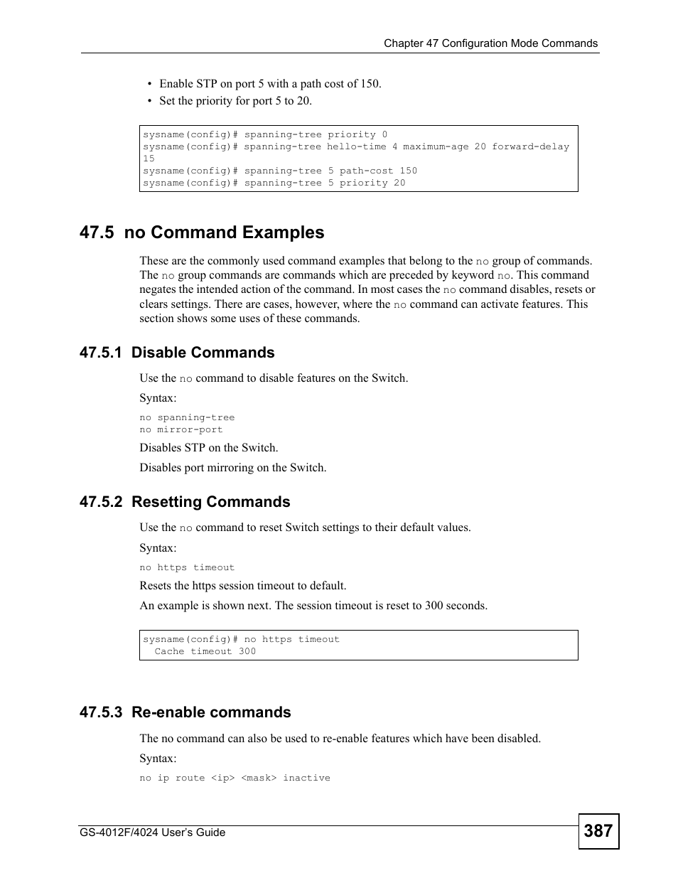 5 no command examples, 1 disable commands, 2 resetting commands | 3 re-enable commands | ZyXEL Communications GS-4012 User Manual | Page 387 / 462