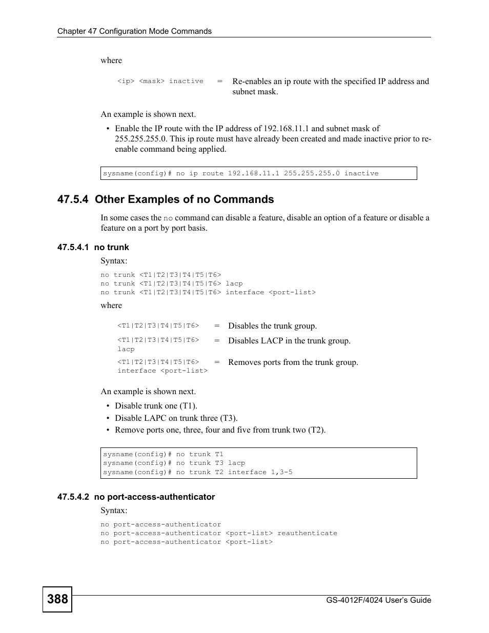 4 other examples of no commands | ZyXEL Communications GS-4012 User Manual | Page 388 / 462