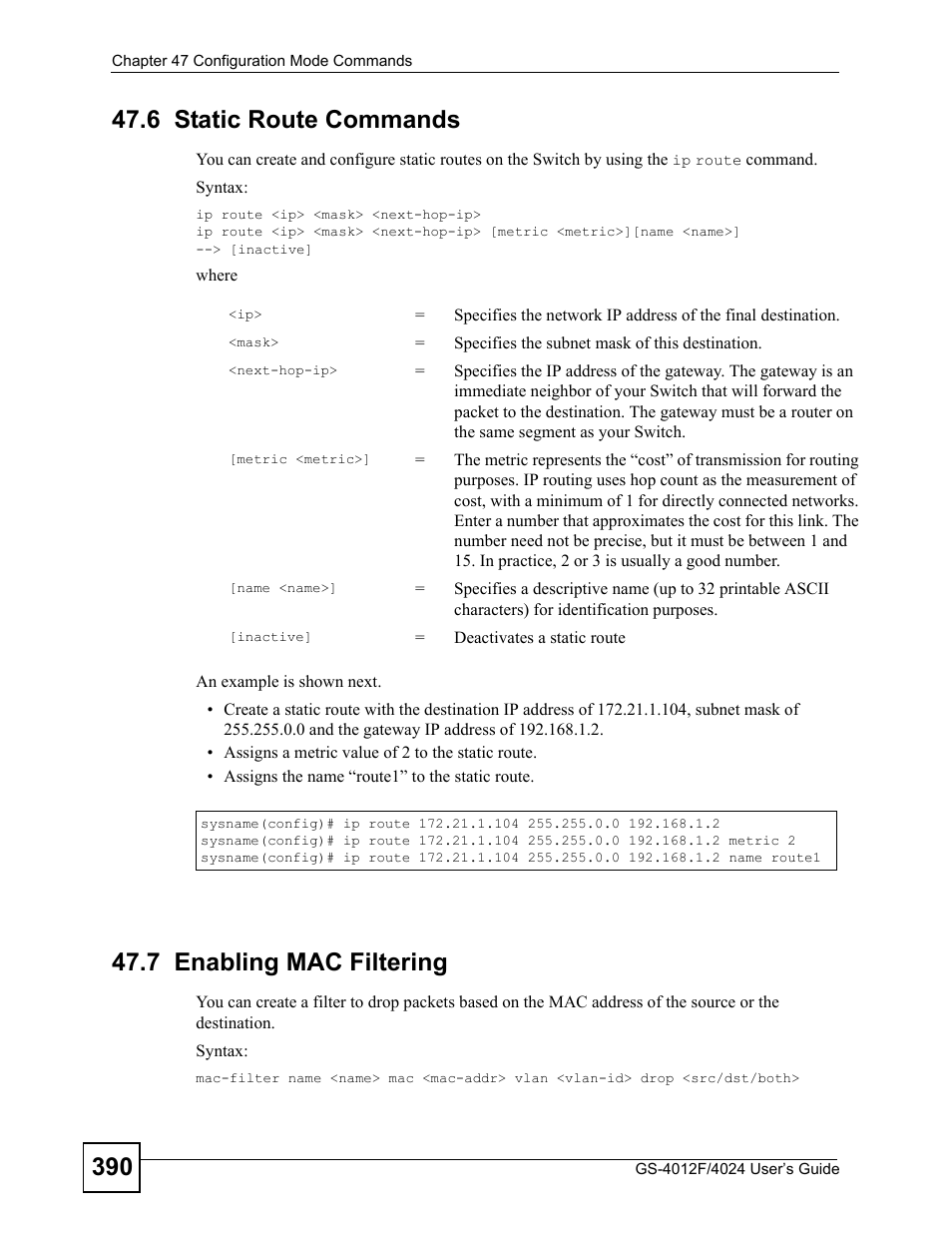 6 static route commands, 7 enabling mac filtering | ZyXEL Communications GS-4012 User Manual | Page 390 / 462