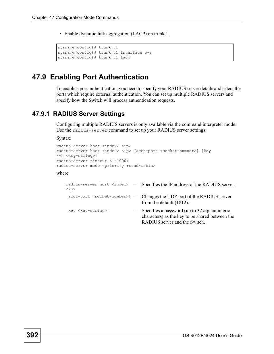 9 enabling port authentication, 1 radius server settings | ZyXEL Communications GS-4012 User Manual | Page 392 / 462