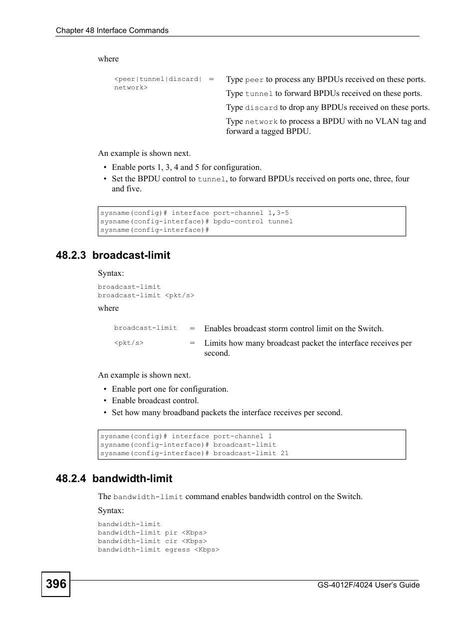 3 broadcast-limit, 4 bandwidth-limit, 3 broadcast-limit 48.2.4 bandwidth-limit | ZyXEL Communications GS-4012 User Manual | Page 396 / 462