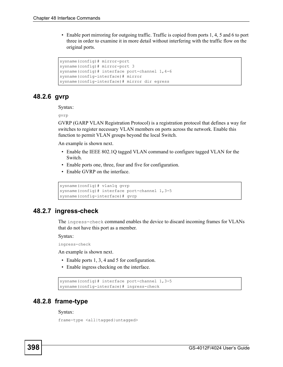6 gvrp, 7 ingress-check, 8 frame-type | 6 gvrp 48.2.7 ingress-check 48.2.8 frame-type | ZyXEL Communications GS-4012 User Manual | Page 398 / 462