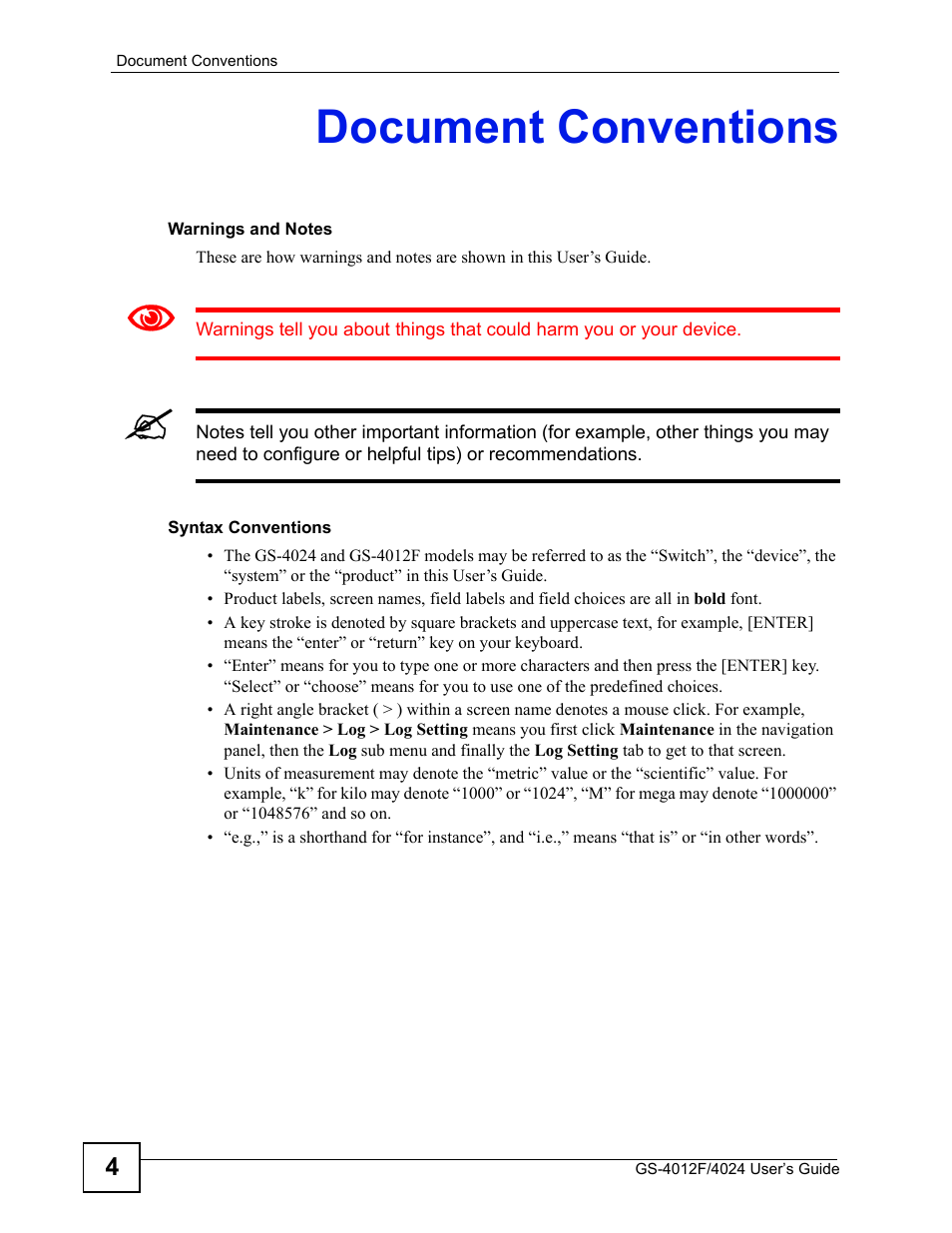 Document conventions | ZyXEL Communications GS-4012 User Manual | Page 4 / 462