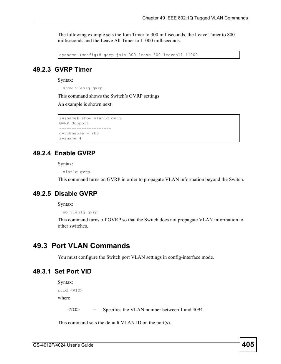 3 gvrp timer, 4 enable gvrp, 5 disable gvrp | 3 port vlan commands, 1 set port vid | ZyXEL Communications GS-4012 User Manual | Page 405 / 462