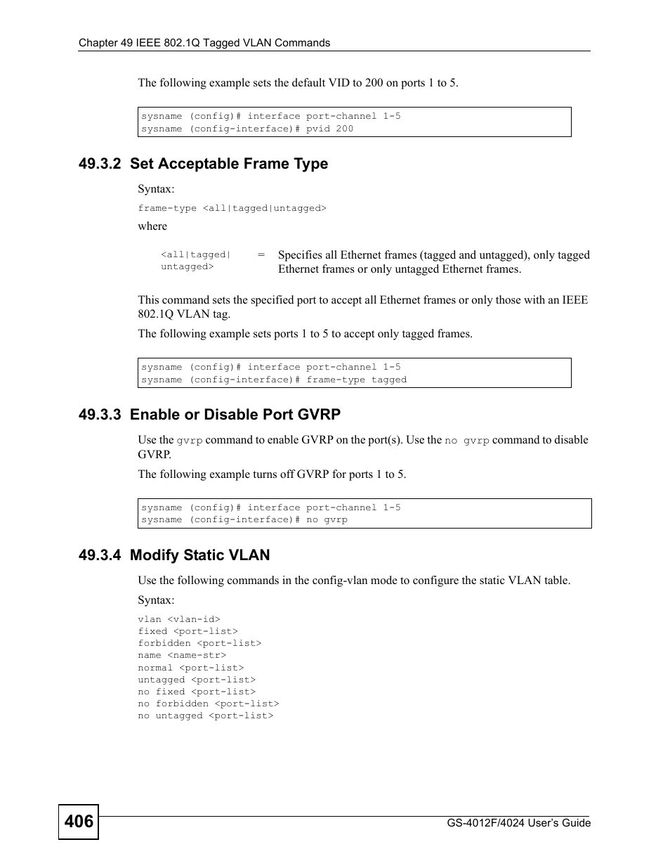 2 set acceptable frame type, 3 enable or disable port gvrp, 4 modify static vlan | ZyXEL Communications GS-4012 User Manual | Page 406 / 462