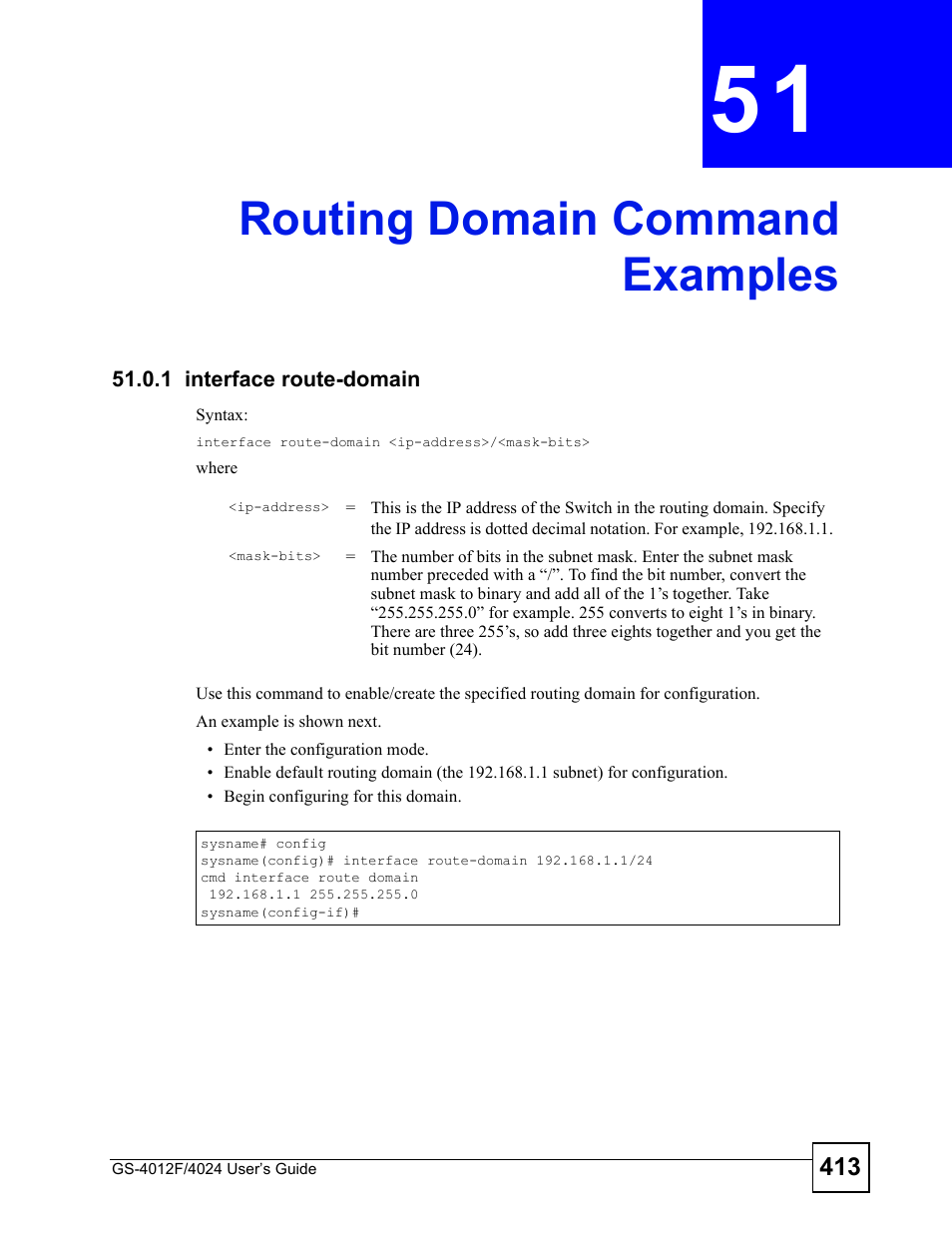 Routing domain command examples, 1 interface route-domain, Chapter 51 routing domain command examples | Routing domain command examples (413) | ZyXEL Communications GS-4012 User Manual | Page 413 / 462