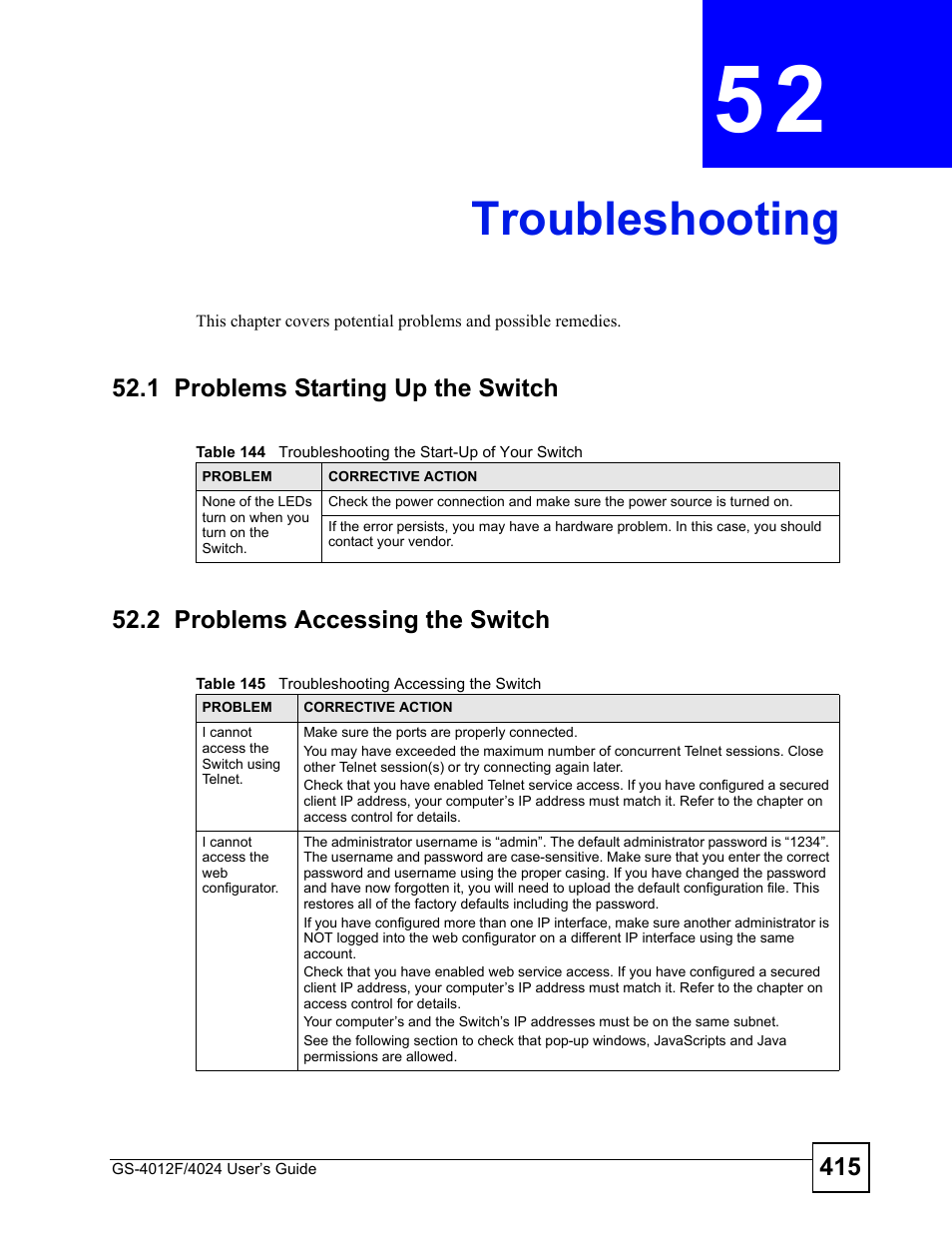Troubleshooting, 1 problems starting up the switch, 2 problems accessing the switch | Chapter 52 troubleshooting, Troubleshooting (415) | ZyXEL Communications GS-4012 User Manual | Page 415 / 462