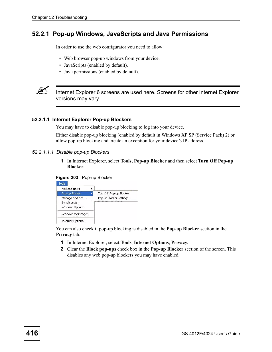 1 pop-up windows, javascripts and java permissions, Figure 203 pop-up blocker | ZyXEL Communications GS-4012 User Manual | Page 416 / 462