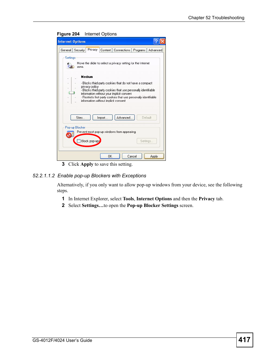 Figure 204 internet options | ZyXEL Communications GS-4012 User Manual | Page 417 / 462