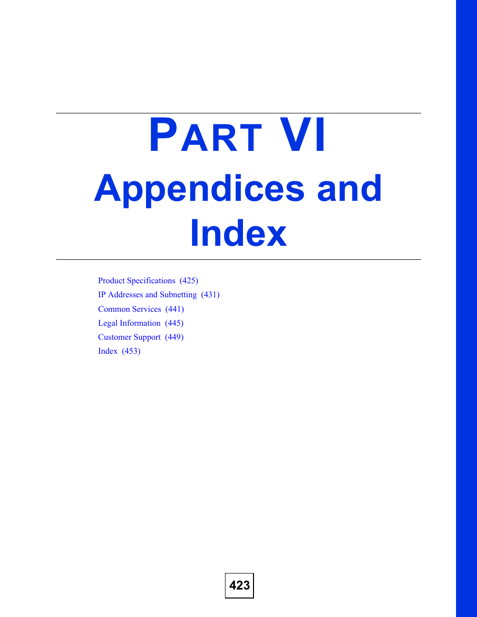 Appendices and index, Part vi: appendices and index | ZyXEL Communications GS-4012 User Manual | Page 423 / 462