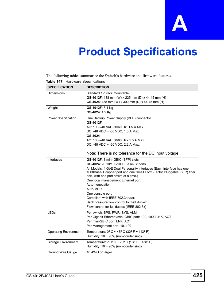 Product specifications, Appendix a product specifications, Table 147 hardware specifications | Product specifications (425) | ZyXEL Communications GS-4012 User Manual | Page 425 / 462