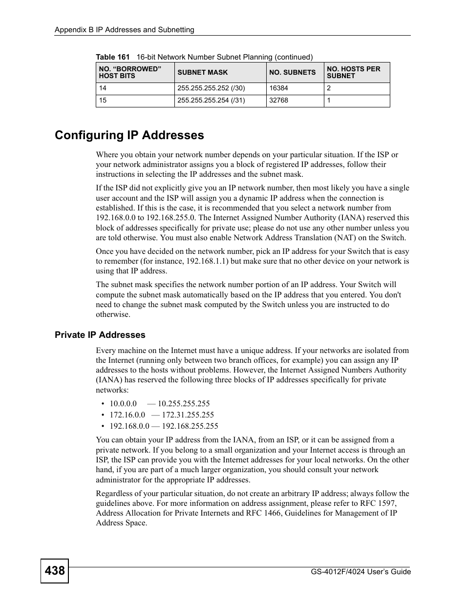 438 configuring ip addresses | ZyXEL Communications GS-4012 User Manual | Page 438 / 462