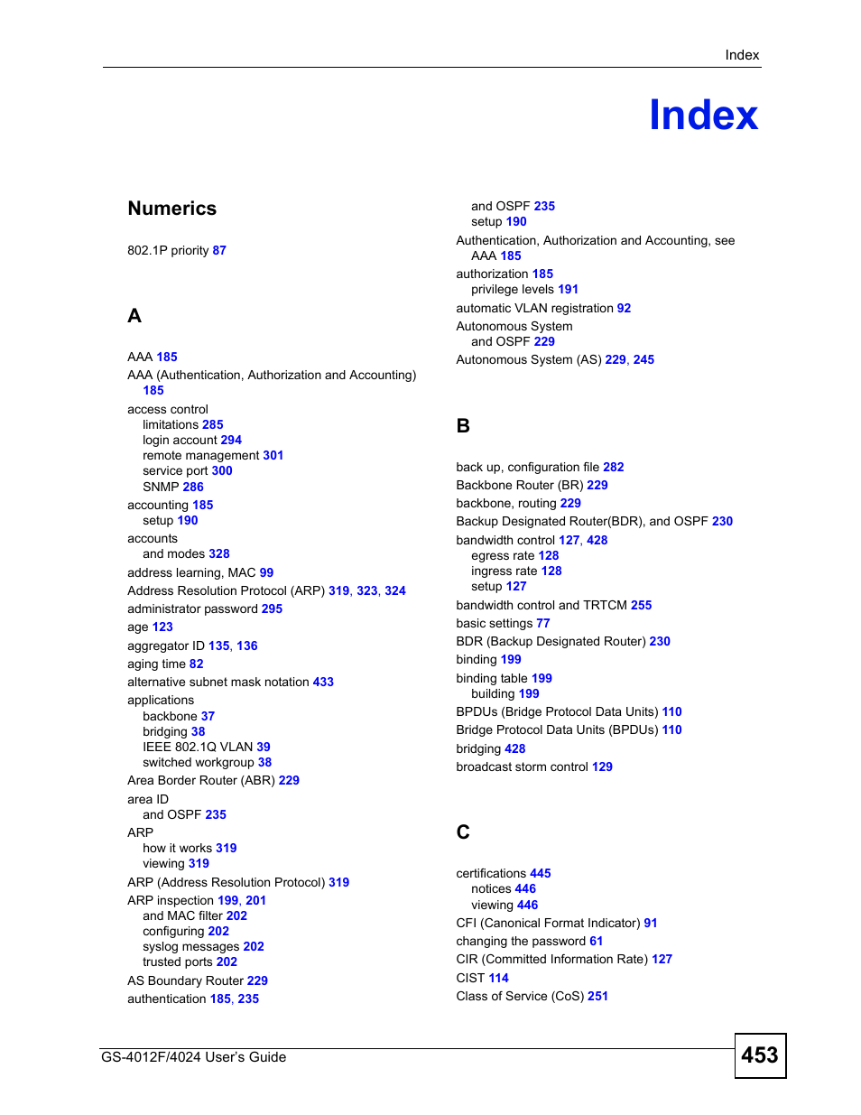 Index, Index (453), Numerics | ZyXEL Communications GS-4012 User Manual | Page 453 / 462