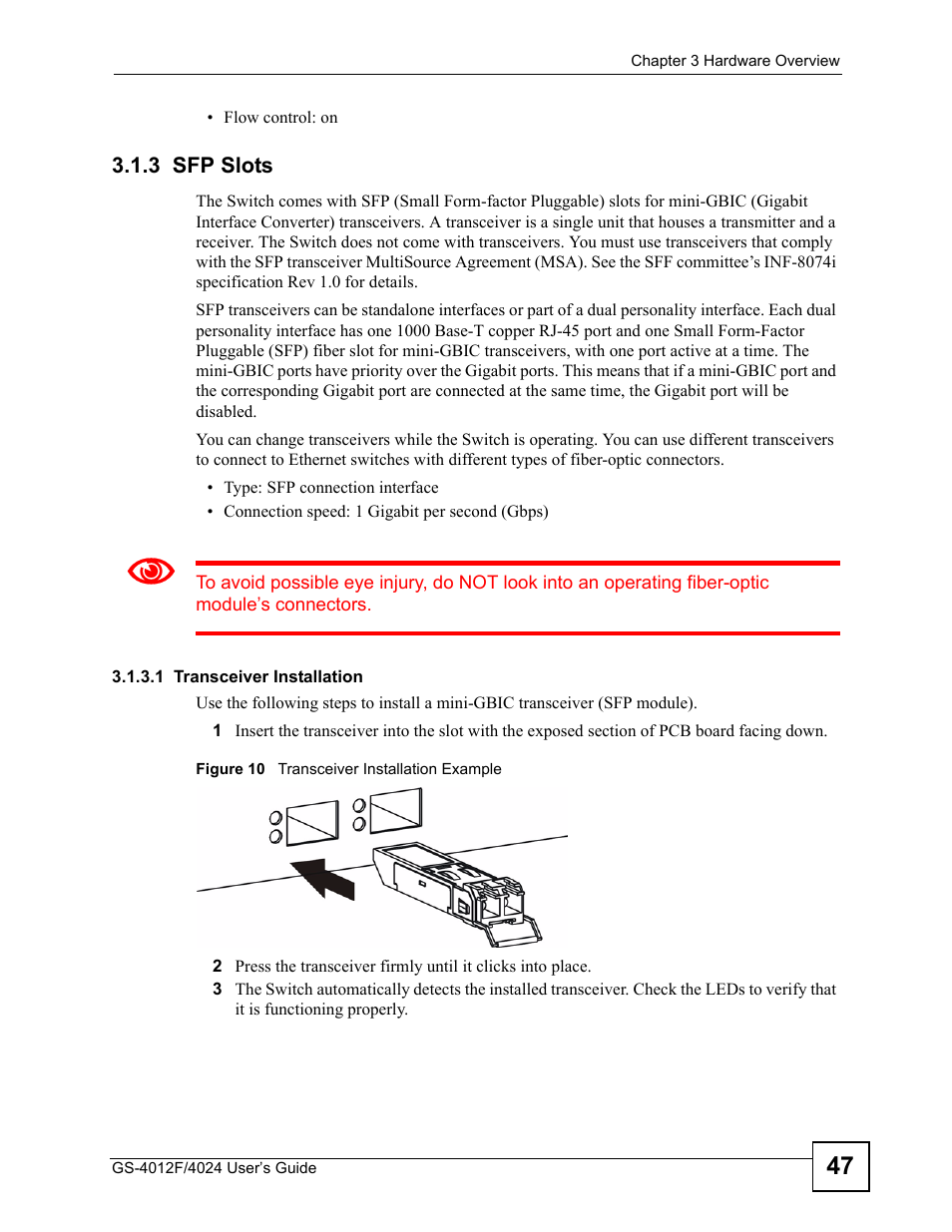 3 sfp slots, Figure 10 transceiver installation example, For ins | ZyXEL Communications GS-4012 User Manual | Page 47 / 462
