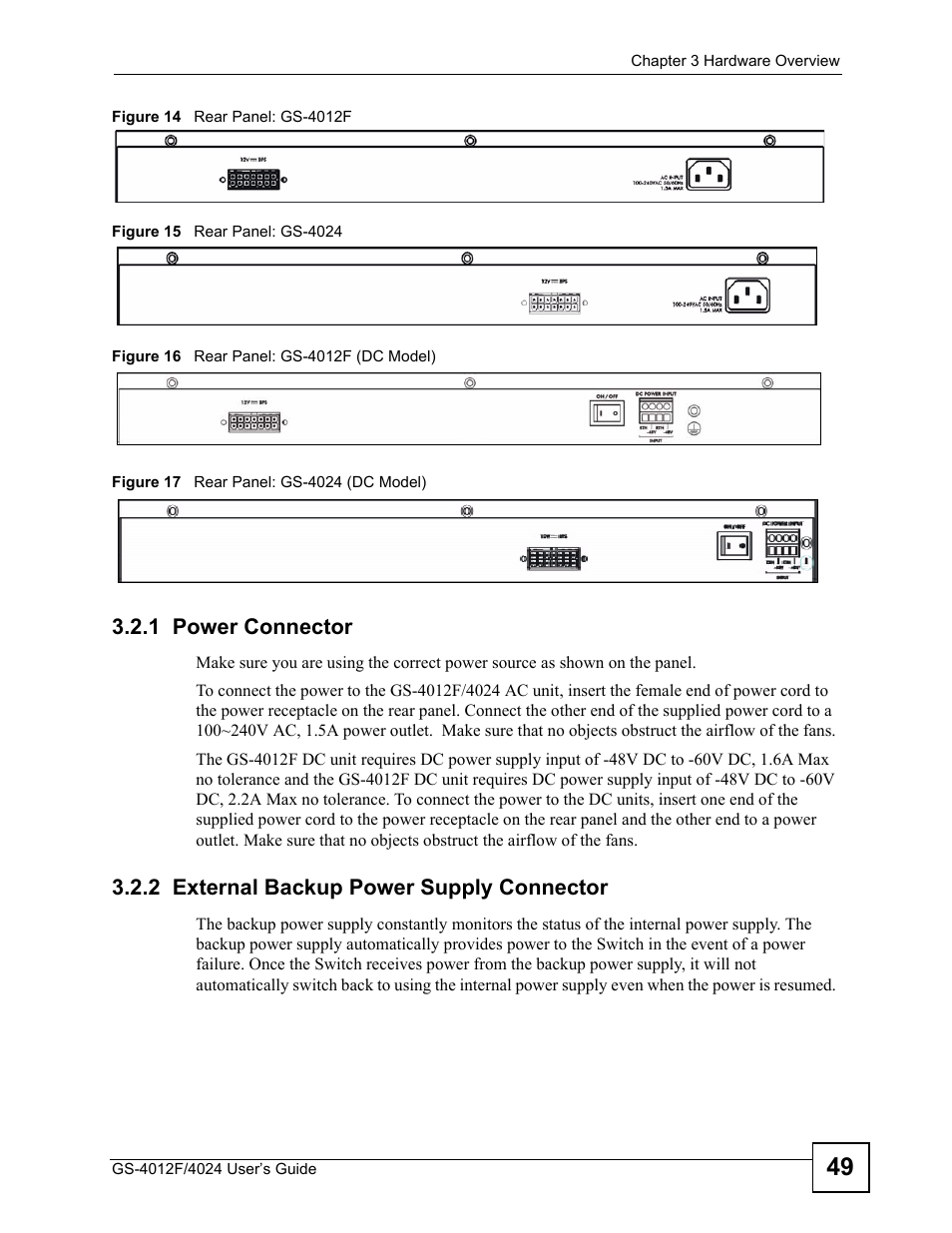 1 power connector, 2 external backup power supply connector | ZyXEL Communications GS-4012 User Manual | Page 49 / 462