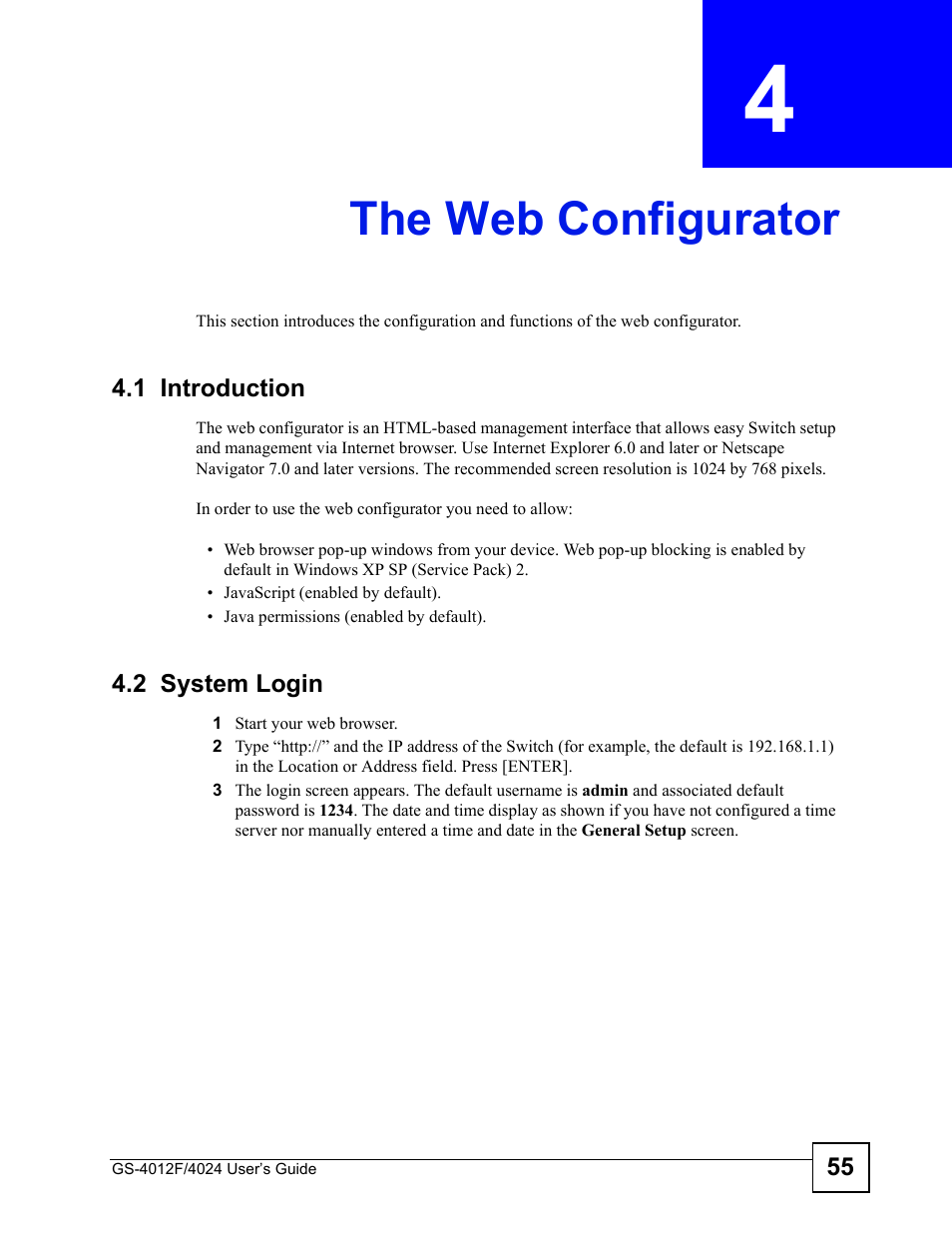 The web configurator, 1 introduction, 2 system login | Chapter 4 the web configurator, 1 introduction 4.2 system login, The web configurator (55) | ZyXEL Communications GS-4012 User Manual | Page 55 / 462