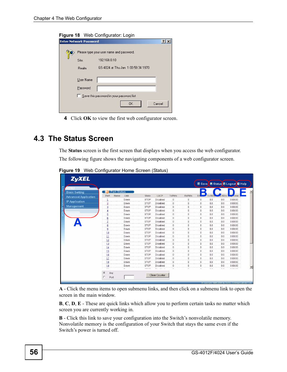 3 the status screen | ZyXEL Communications GS-4012 User Manual | Page 56 / 462