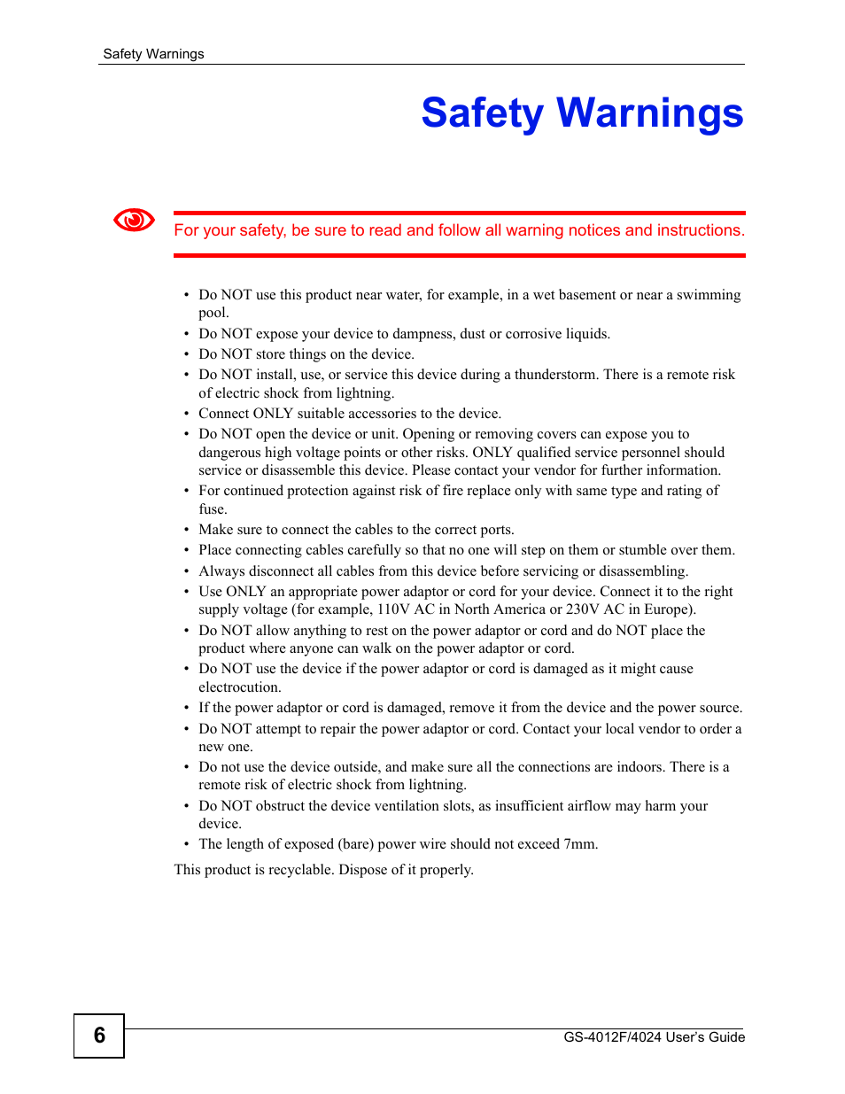 Safety warnings | ZyXEL Communications GS-4012 User Manual | Page 6 / 462