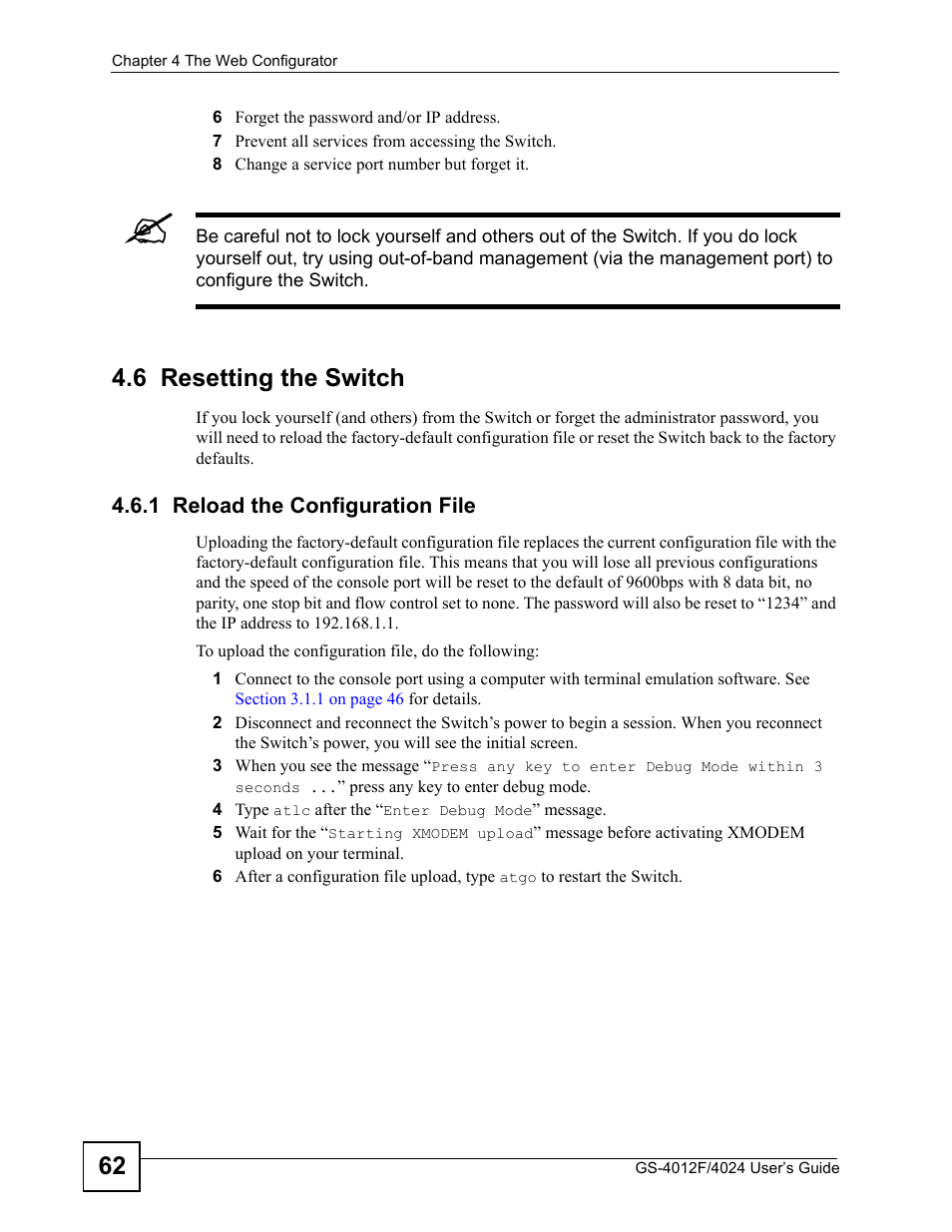 6 resetting the switch, 1 reload the configuration file | ZyXEL Communications GS-4012 User Manual | Page 62 / 462