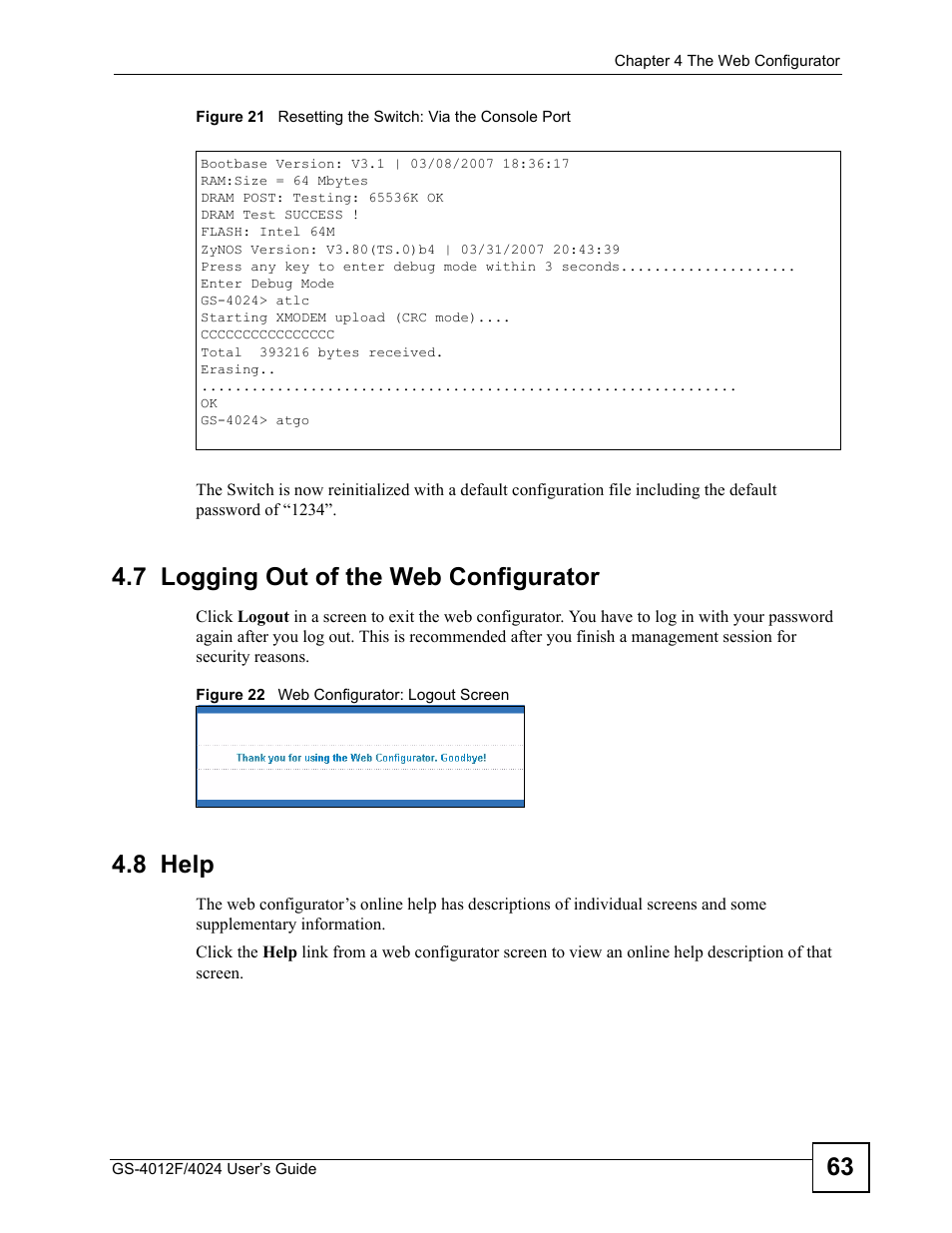 7 logging out of the web configurator, 8 help, 7 logging out of the web configurator 4.8 help | ZyXEL Communications GS-4012 User Manual | Page 63 / 462