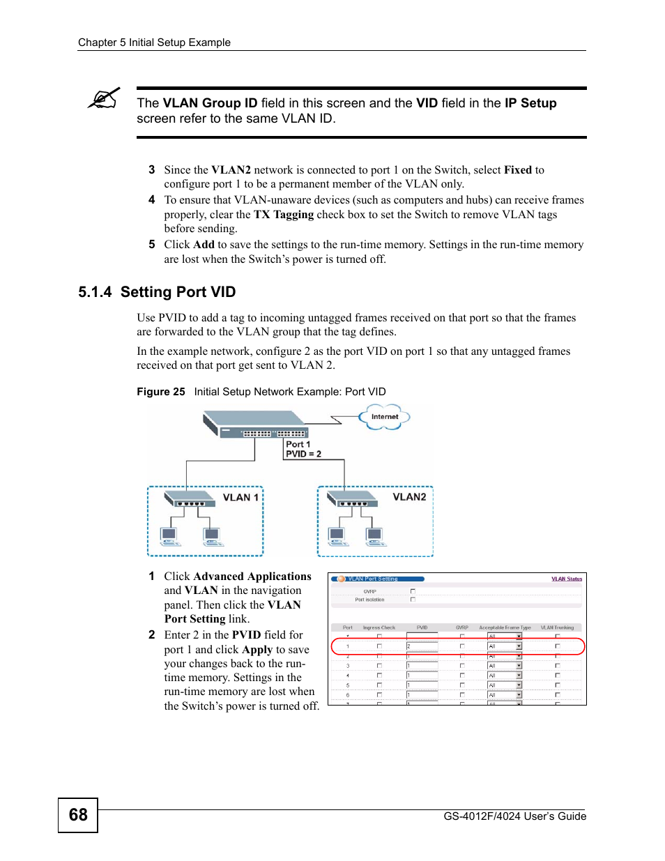 4 setting port vid, Figure 25 initial setup network example: port vid | ZyXEL Communications GS-4012 User Manual | Page 68 / 462