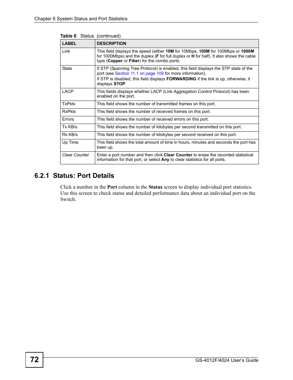 1 status: port details | ZyXEL Communications GS-4012 User Manual | Page 72 / 462