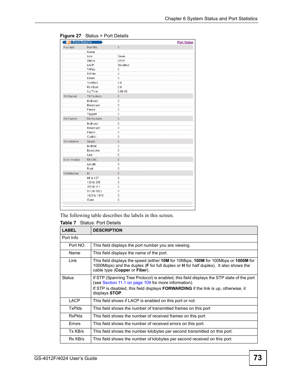 Figure 27 status > port details, Table 7 status: port details | ZyXEL Communications GS-4012 User Manual | Page 73 / 462