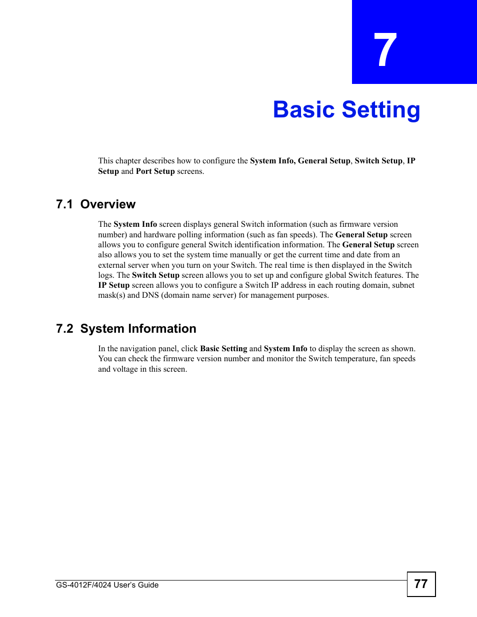 Basic setting, 1 overview, 2 system information | Chapter 7 basic setting, 1 overview 7.2 system information, Basic setting (77) | ZyXEL Communications GS-4012 User Manual | Page 77 / 462