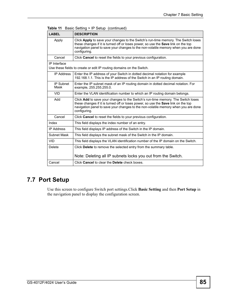 7 port setup, 85 7.7 port setup | ZyXEL Communications GS-4012 User Manual | Page 85 / 462