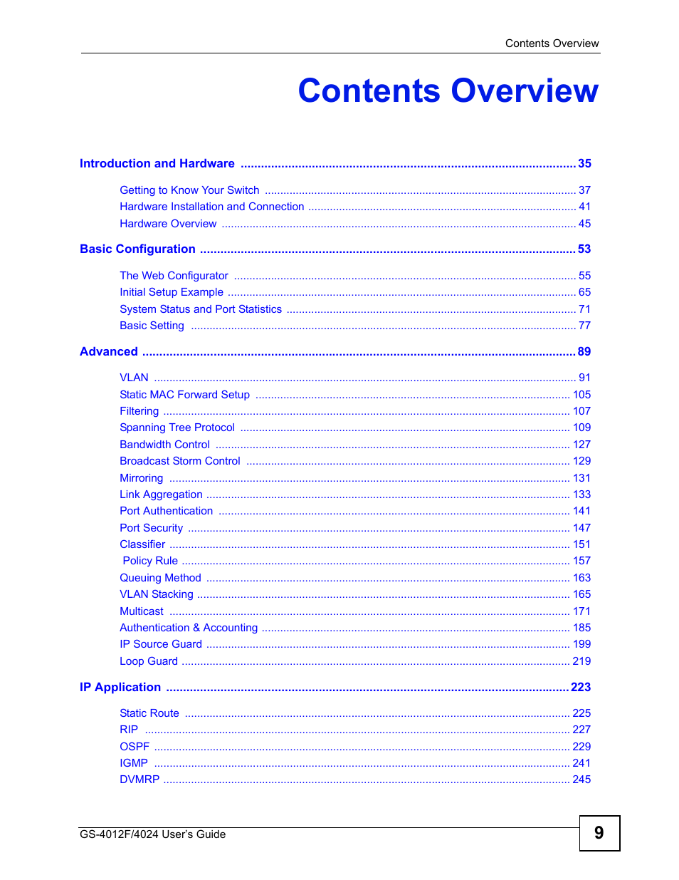 Contents overview | ZyXEL Communications GS-4012 User Manual | Page 9 / 462